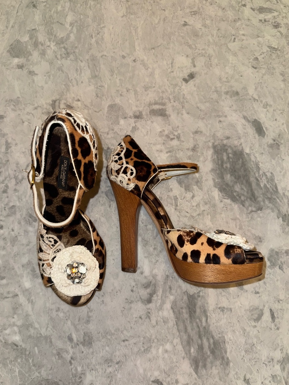 Dolce & Gabbana Vintage Leopard Print Crochet Rosette Heels